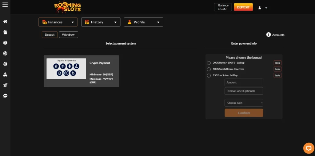 Booming Slots deposit.