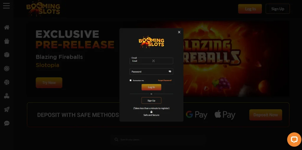 Login form on Booming Slots.