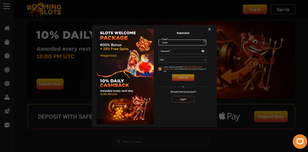 Registration form on Booming Slots.