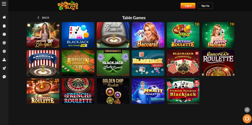 Table games in Booming Slots.