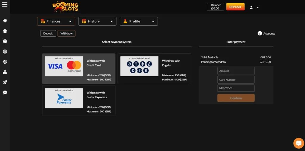 Withdrawal funds from Booming Slots.